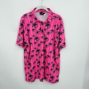 Sunday Swagger Sizzlin' hot pink men's golf polo with black palm trees sz L